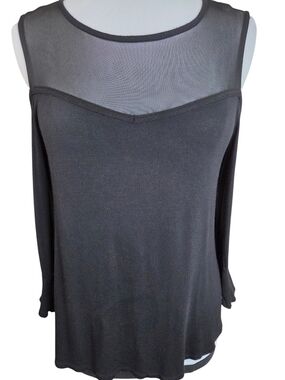 Bobeau Black Sheer Mesh Bell Sleeve Top | Medium | Chic Stretch Blouse